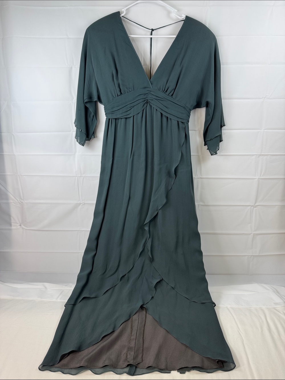 Women’s 100% Silk Dusty Teal Faux‎ Wrap Maxi Dress Size 6 Flutter Sleeve